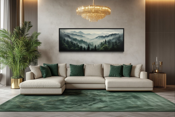 Sage Green Moody Foggy Pine Forest Mountains Landscape Above Bed Wall Art