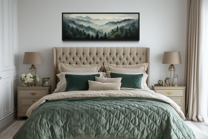 Sage Green Moody Foggy Pine Forest Mountains Landscape Above Bed Wall Art