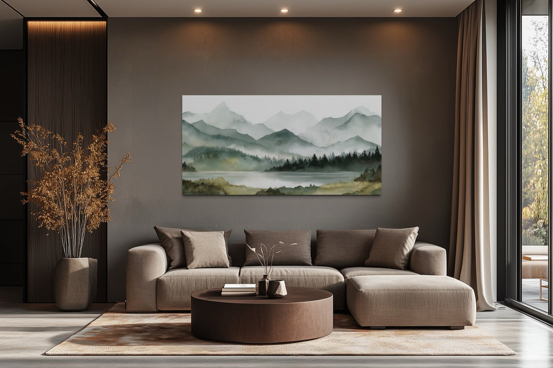 Sage Green Mountain Lake Landscape Framed Canvas Wall Art