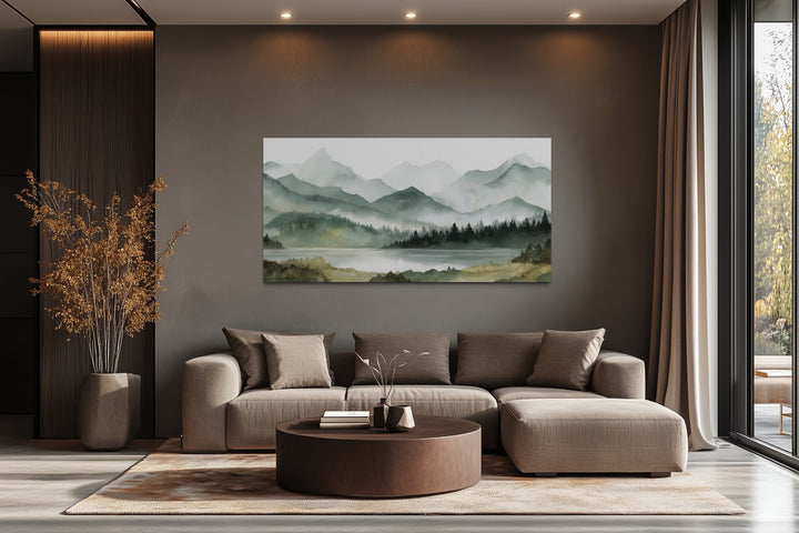 Sage Green Mountain Lake Landscape Framed Canvas Wall Art