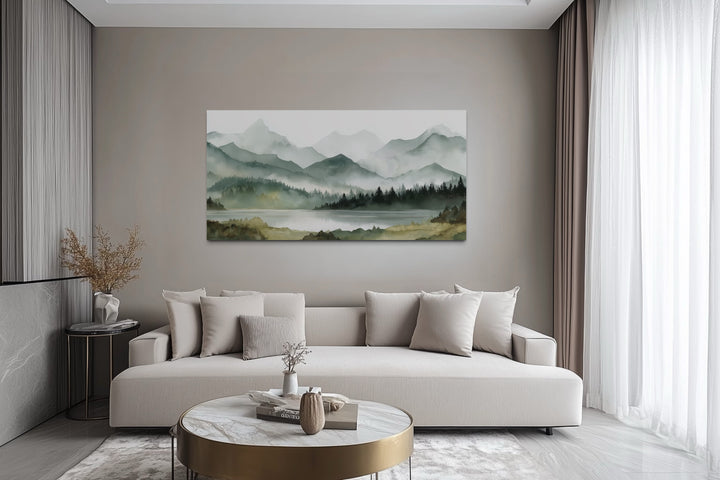 Sage Green Mountain Lake Landscape Framed Canvas Wall Art
