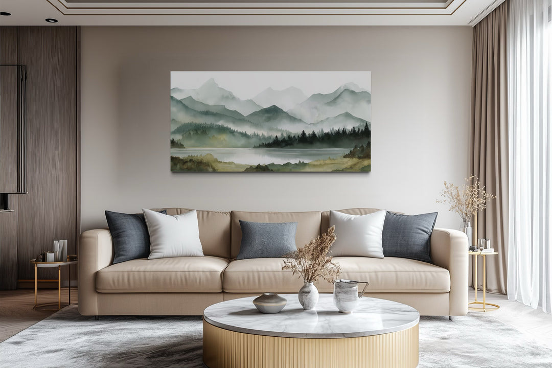 Sage Green Mountain Lake Landscape Framed Canvas Wall Art