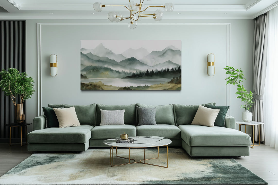 Sage Green Mountain Lake Landscape Framed Canvas Wall Art