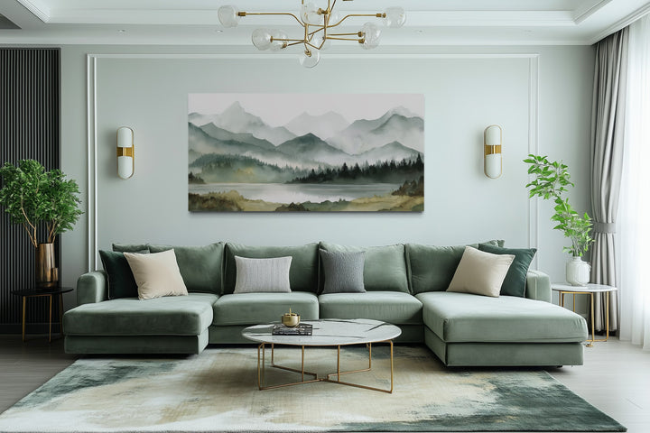 Sage Green Mountain Lake Landscape Framed Canvas Wall Art