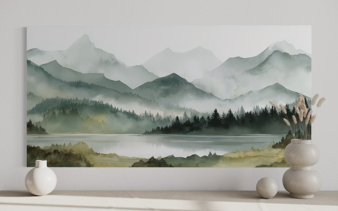 Sage Green Mountain Lake Landscape Framed Canvas Wall Art