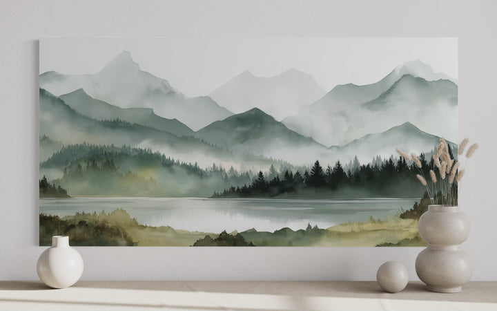 Sage Green Mountain Lake Landscape Framed Canvas Wall Art