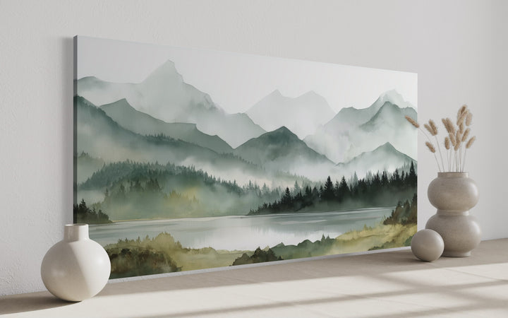 Sage Green Mountain Lake Landscape Framed Canvas Wall Art