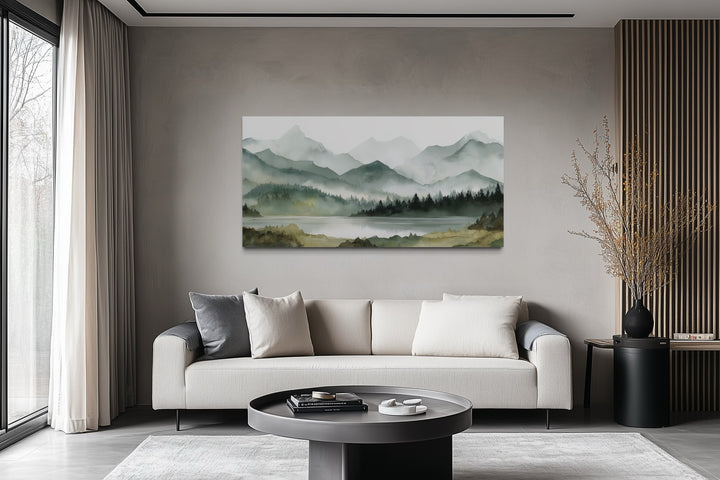 Sage Green Mountain Lake Landscape Framed Canvas Wall Art