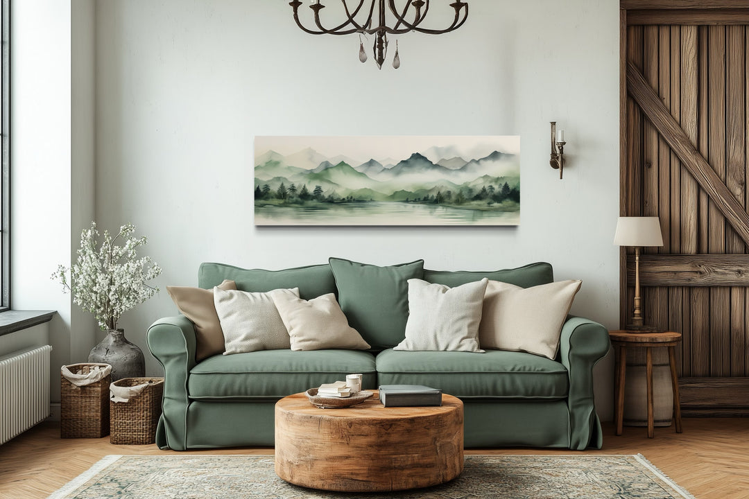 Sage Green Mountains Lake Long Horizontal Watercolor Framed Canvas Wall Art