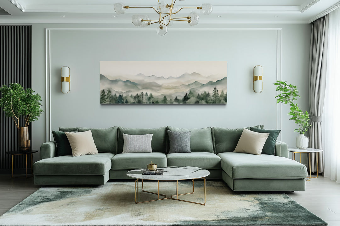 Sage Green Mountains Long Horizontal Canvas Wall Art Above Bed Or Couch