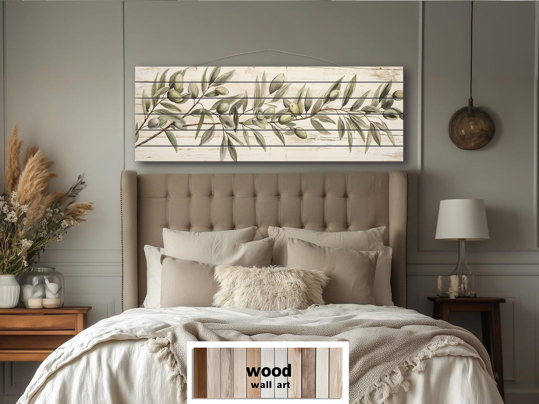Sage Green Olive Branch Distressed Wood Wall Art