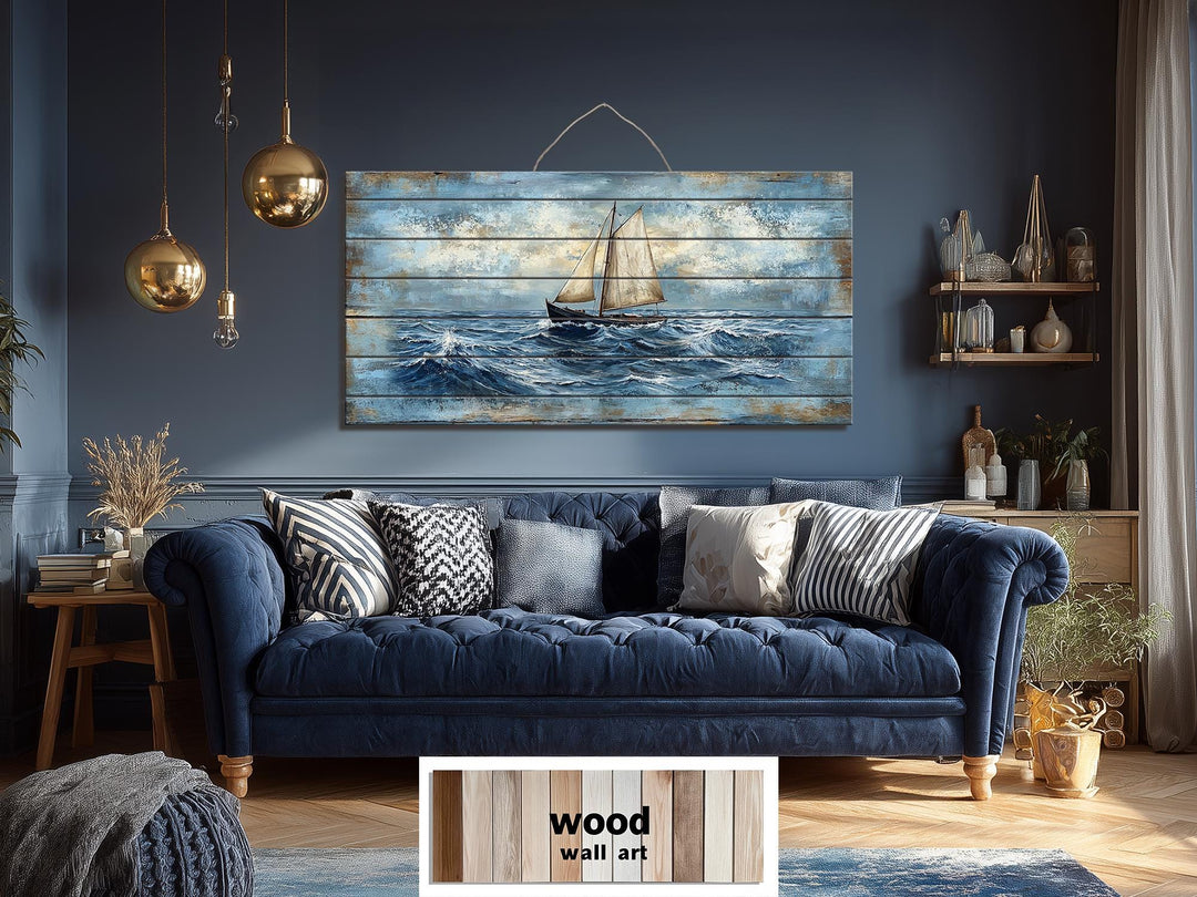Sailboat On Ocean Waves Distressed Wood Wall Art