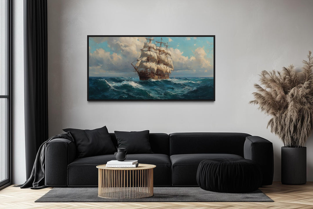 Sailing Ship In Stormy Ocean Framed Canvas Wall Art