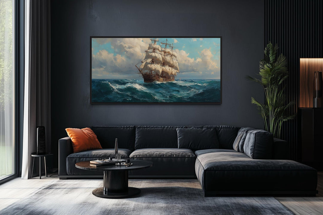 Sailing Ship In Stormy Ocean Framed Canvas Wall Art