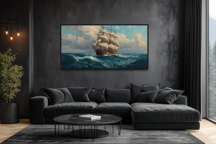 Sailing Ship In Stormy Ocean Framed Canvas Wall Art