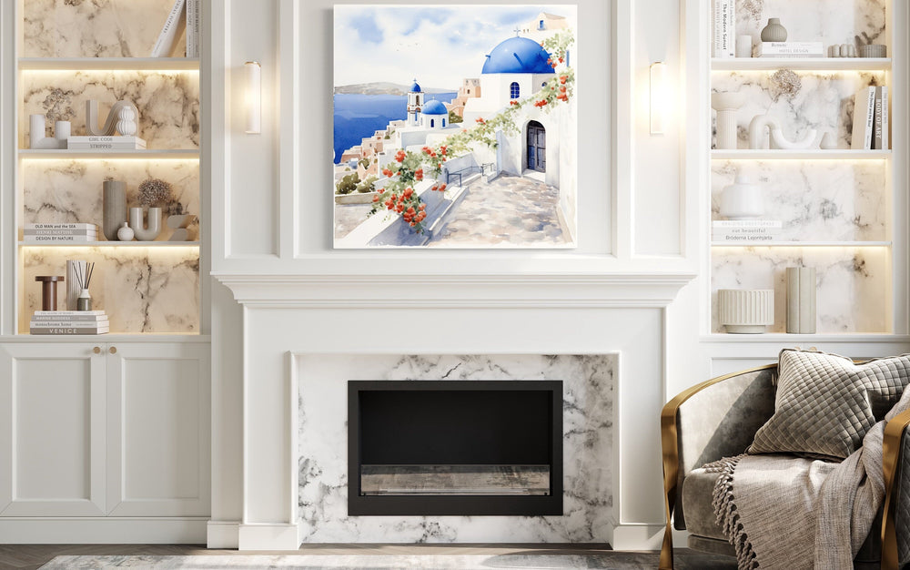 Santorini Greece Watercolor Framed Canvas Wall Art