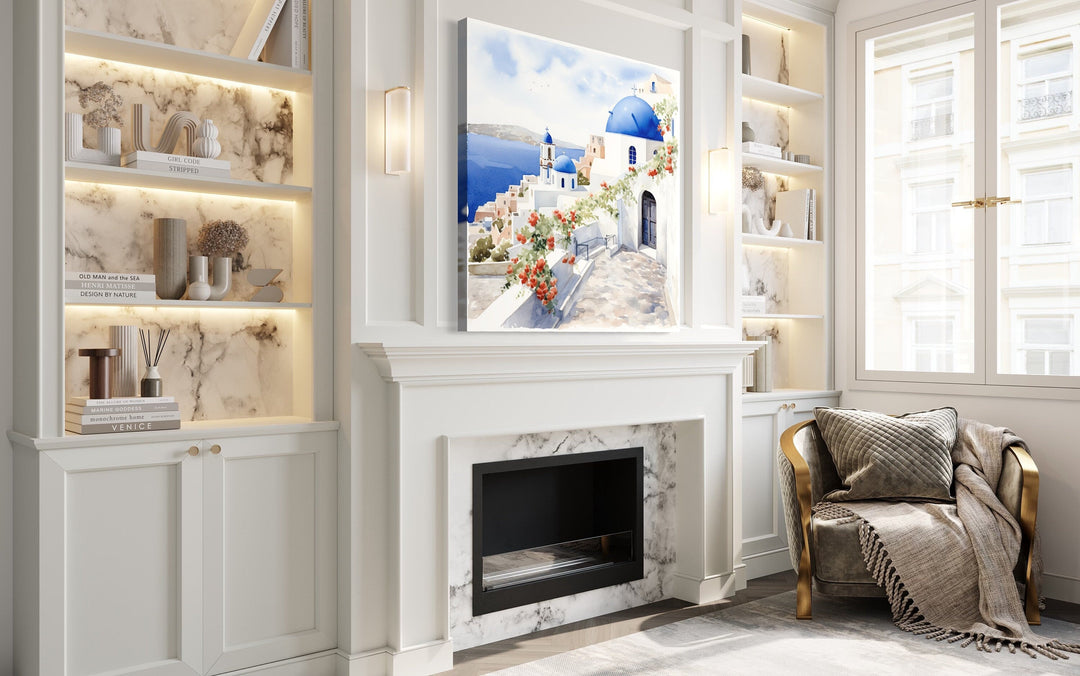 Santorini Greece Watercolor Framed Canvas Wall Art