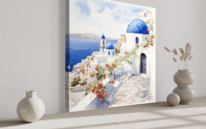 Santorini Greece Watercolor Framed Canvas Wall Art