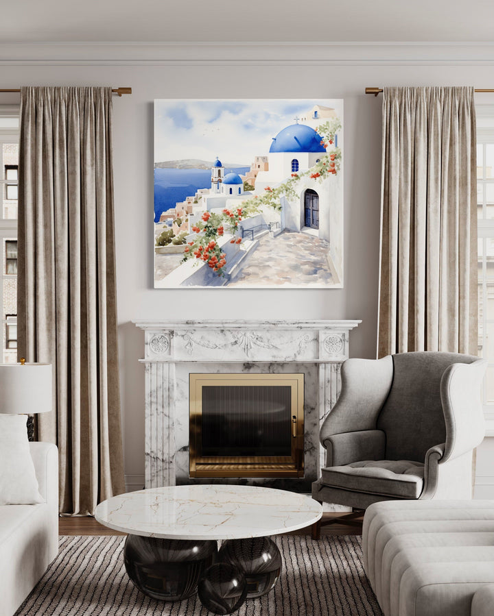 Santorini Greece Watercolor Framed Canvas Wall Art