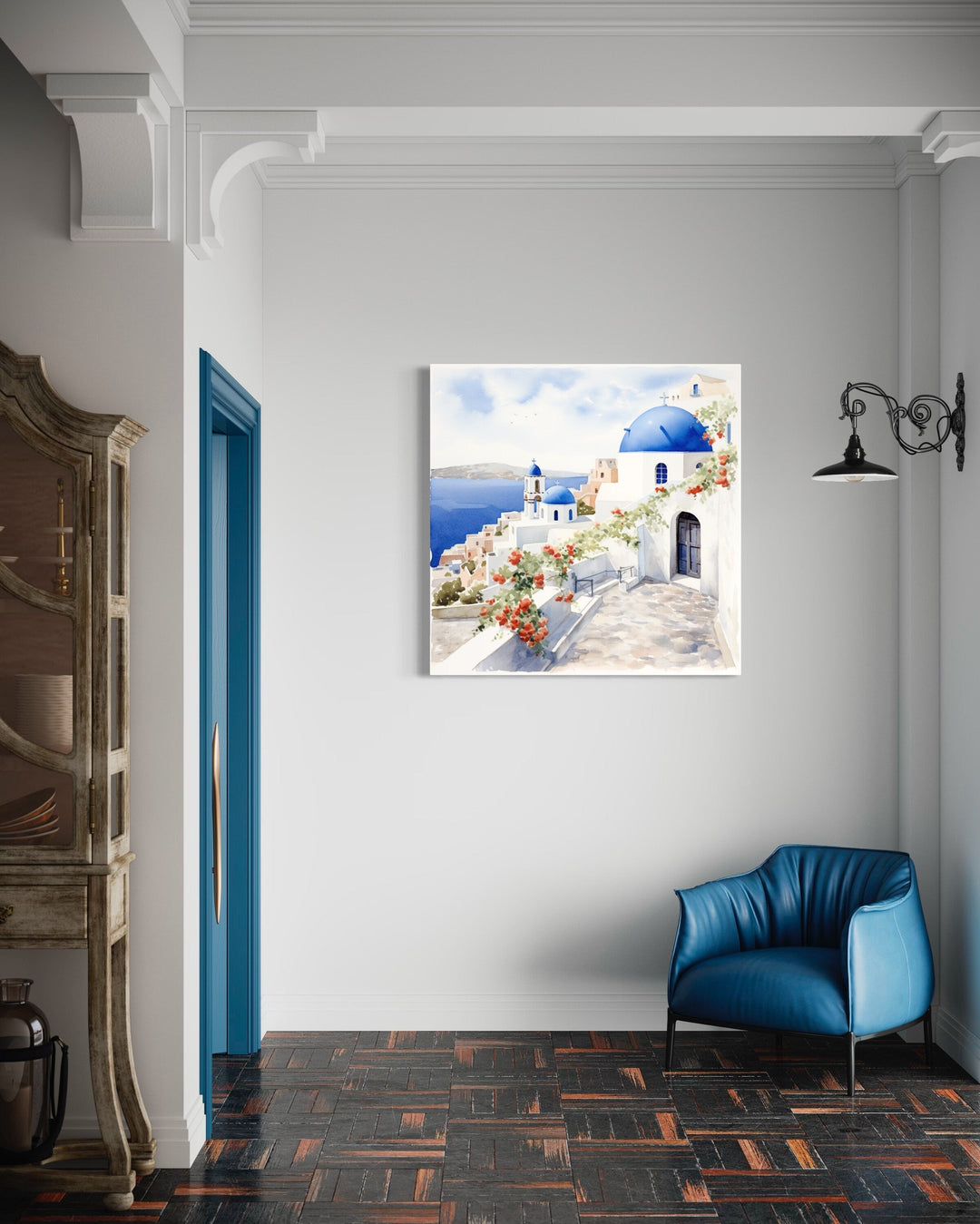 Santorini Greece Watercolor Framed Canvas Wall Art