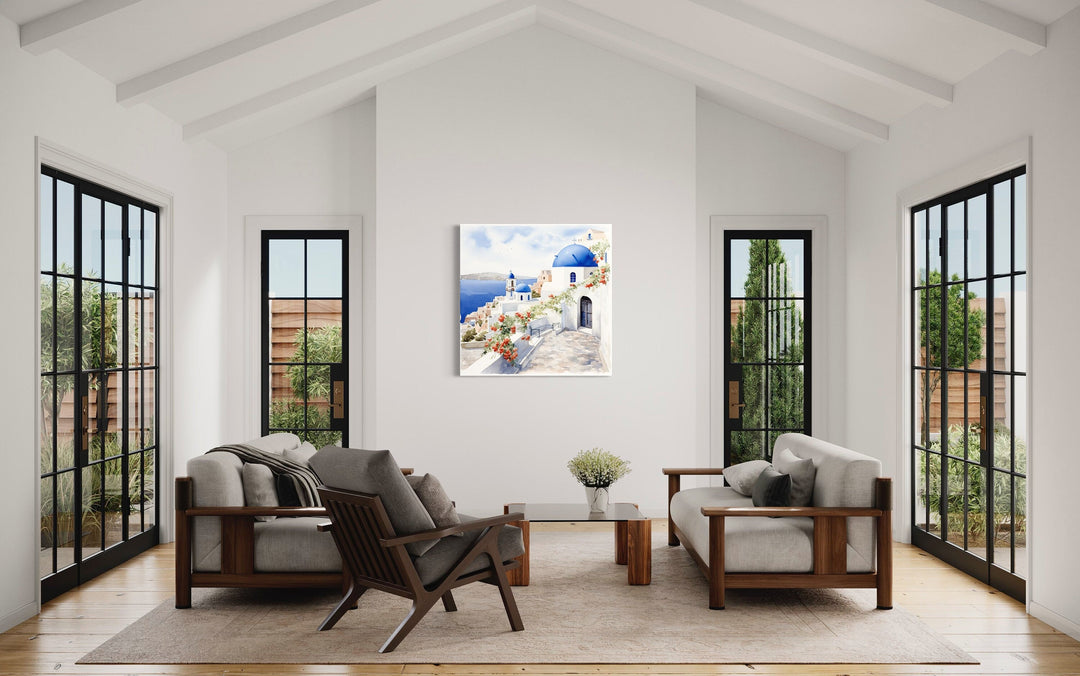 Santorini Greece Watercolor Framed Canvas Wall Art