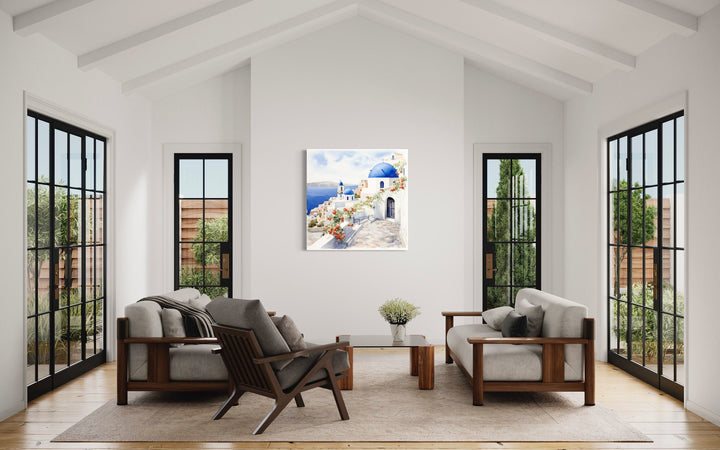 Santorini Greece Watercolor Framed Canvas Wall Art