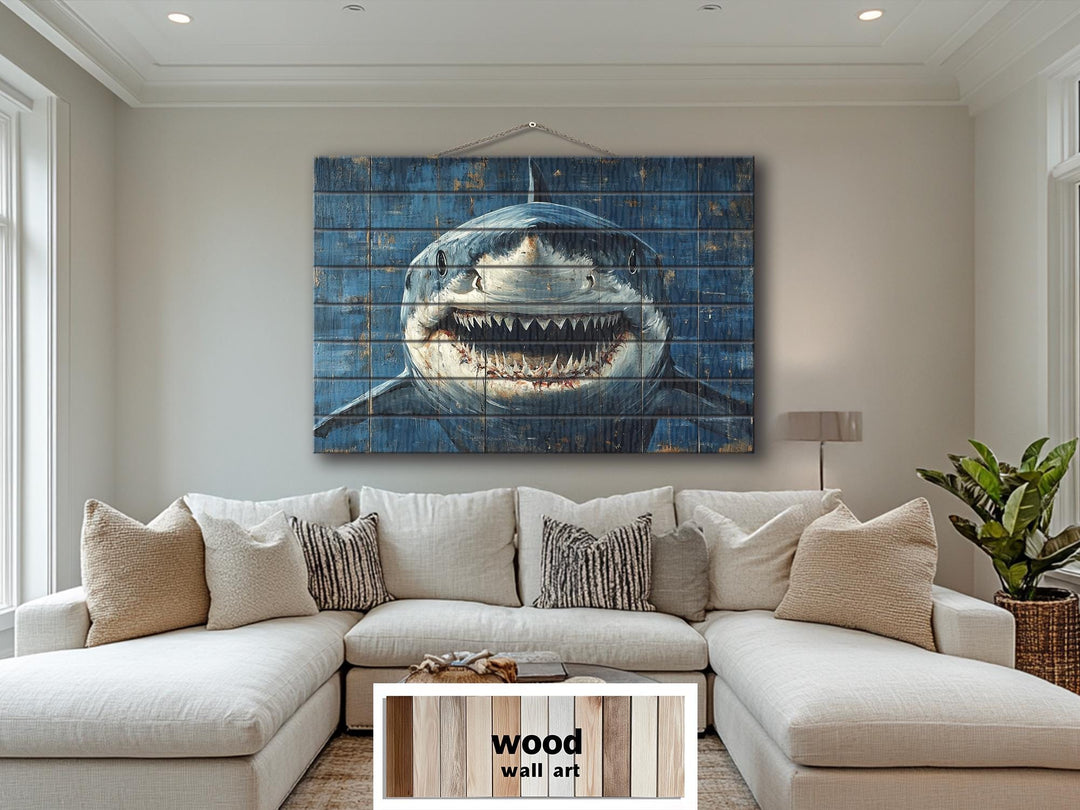 Scary Great White Shark Rustic Wood Wall Art