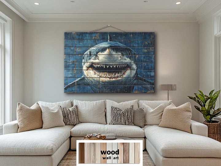 Scary Great White Shark Rustic Wood Wall Art