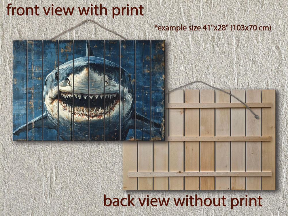 Scary Great White Shark Rustic Wood Wall Art
