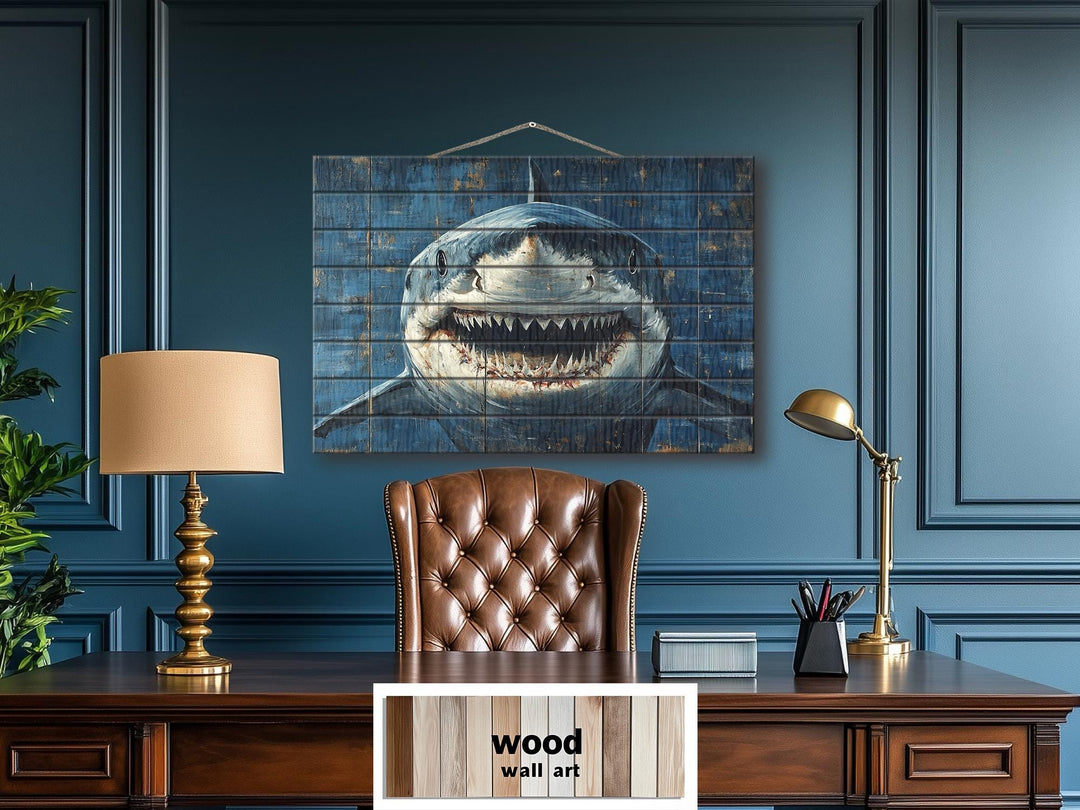Scary Great White Shark Rustic Wood Wall Art