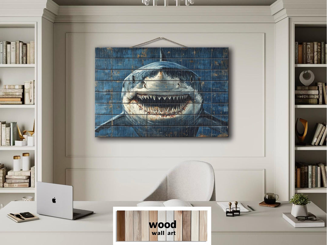 Scary Great White Shark Rustic Wood Wall Art
