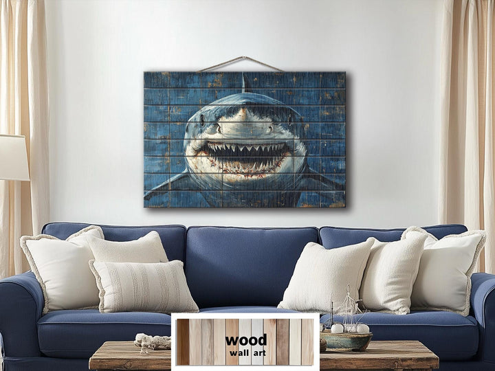 Scary Great White Shark Rustic Wood Wall Art