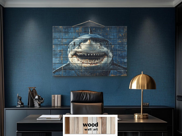 Scary Great White Shark Rustic Wood Wall Art