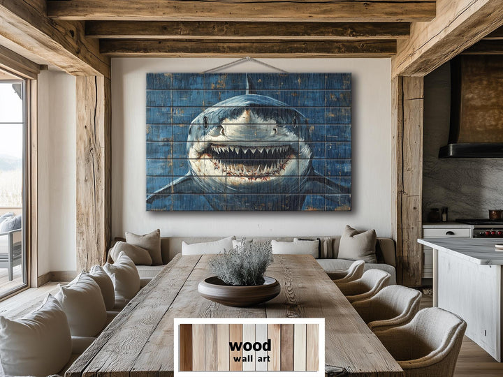 Scary Great White Shark Rustic Wood Wall Art