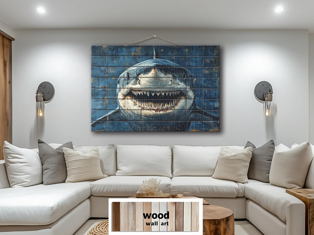 Scary Great White Shark Rustic Wood Wall Art