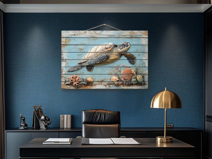 Sea Turtle Coastal Wall Art On Real Wood for Beach House Decor