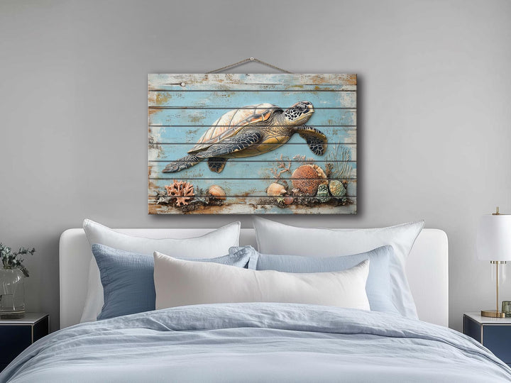 Sea Turtle Coastal Wall Art On Real Wood for Beach House Decor