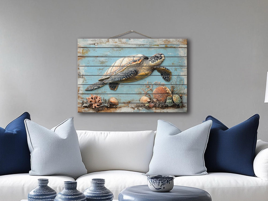 Sea Turtle Coastal Wall Art On Real Wood for Beach House Decor