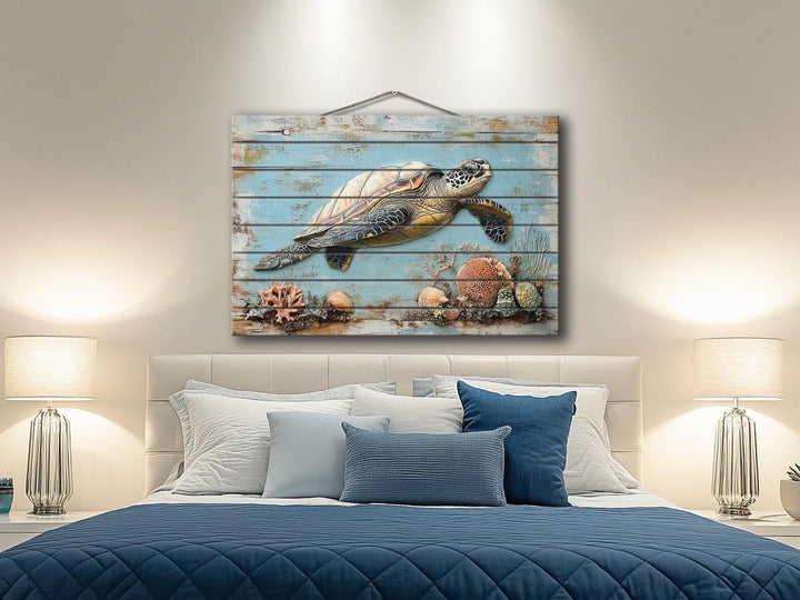 Sea Turtle Coastal Wall Art On Real Wood for Beach House Decor