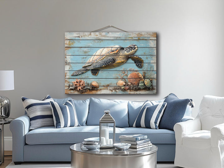 Sea Turtle Coastal Wall Art On Real Wood for Beach House Decor