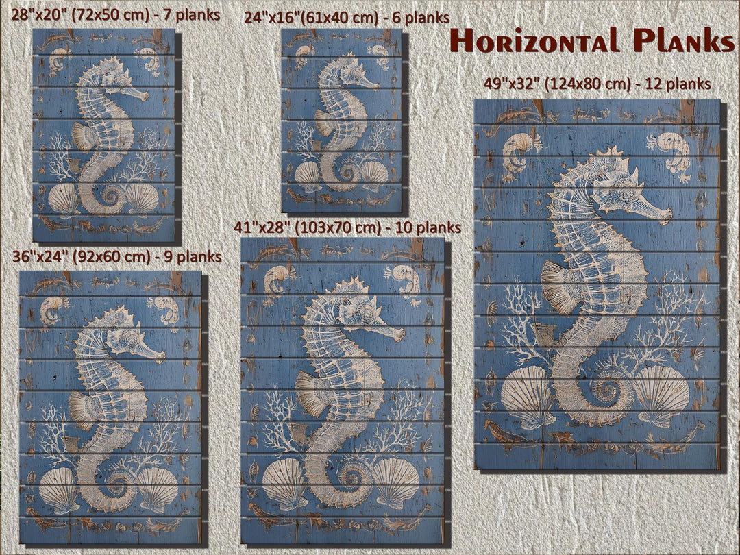 Seahorse and Seashells Vertical Distressed Coastal Wood Wall Art