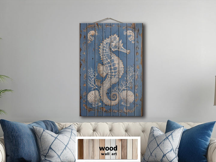 Seahorse and Seashells Vertical Distressed Coastal Wood Wall Art