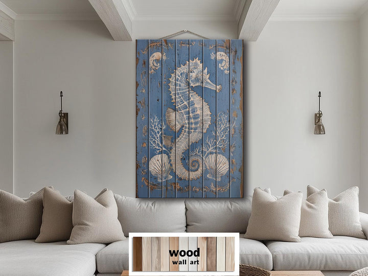 Seahorse and Seashells Vertical Distressed Coastal Wood Wall Art