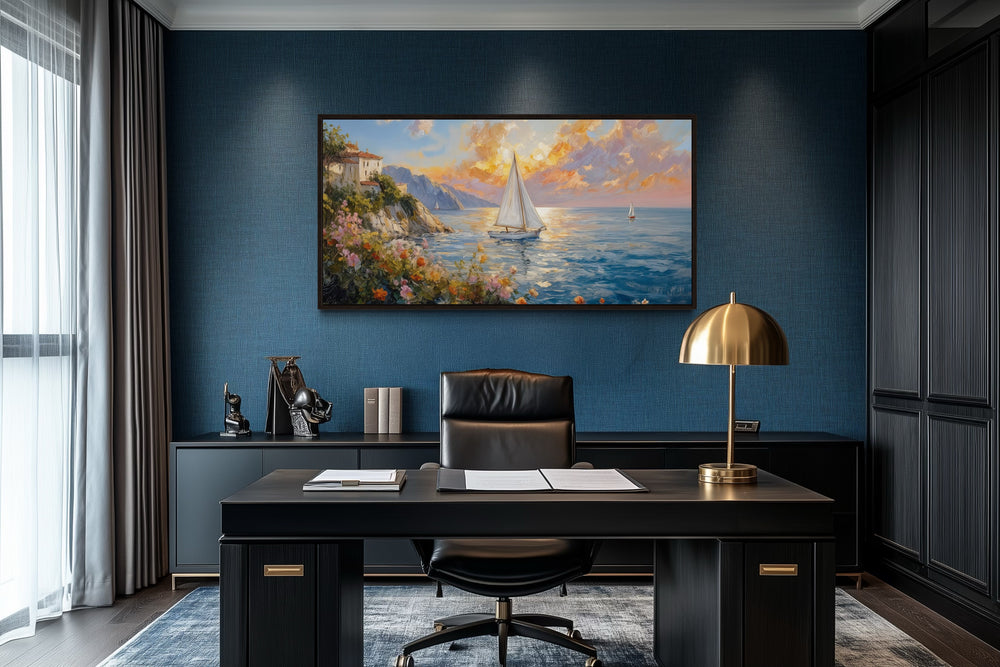 Seascape Sunset With Sailboats Painting Framed Canvas Wall Art