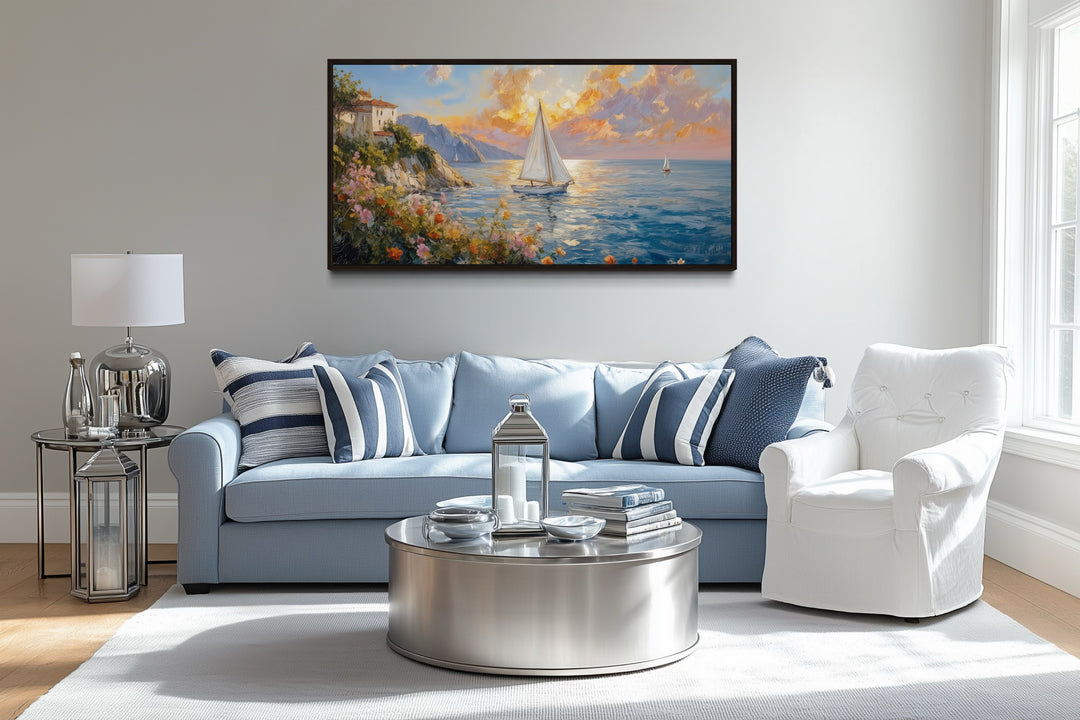 Seascape Sunset With Sailboats Painting Framed Canvas Wall Art