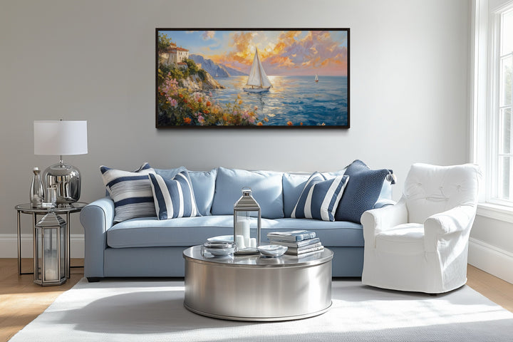 Seascape Sunset With Sailboats Painting Framed Canvas Wall Art
