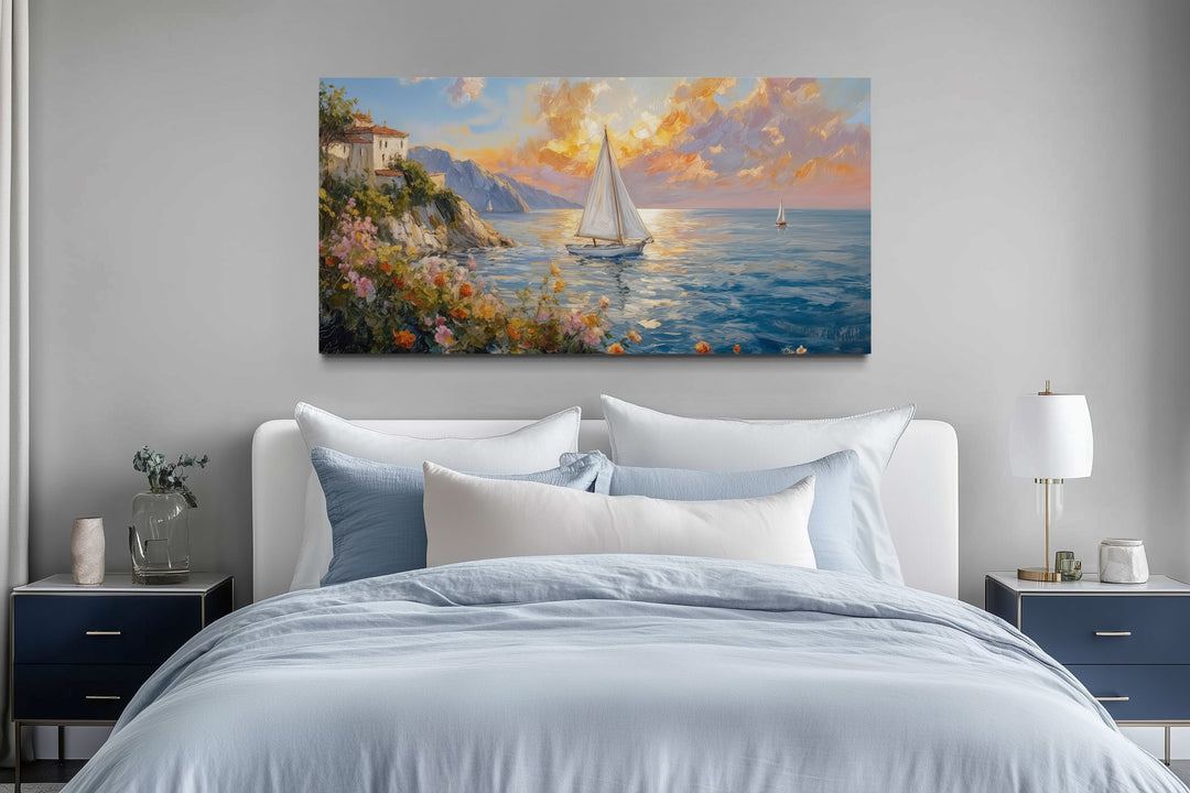 Seascape Sunset With Sailboats Painting Framed Canvas Wall Art