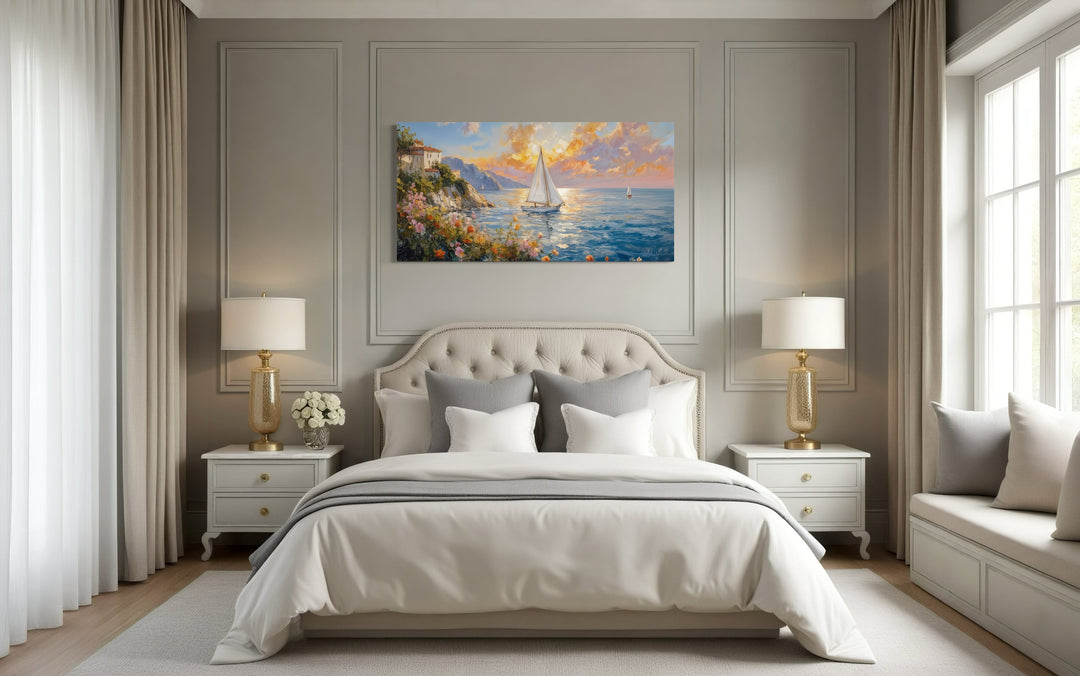 Seascape Sunset With Sailboats Painting Framed Canvas Wall Art