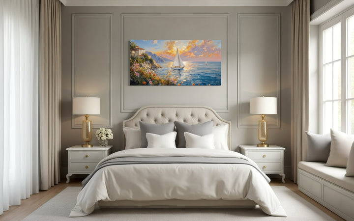Seascape Sunset With Sailboats Painting Framed Canvas Wall Art