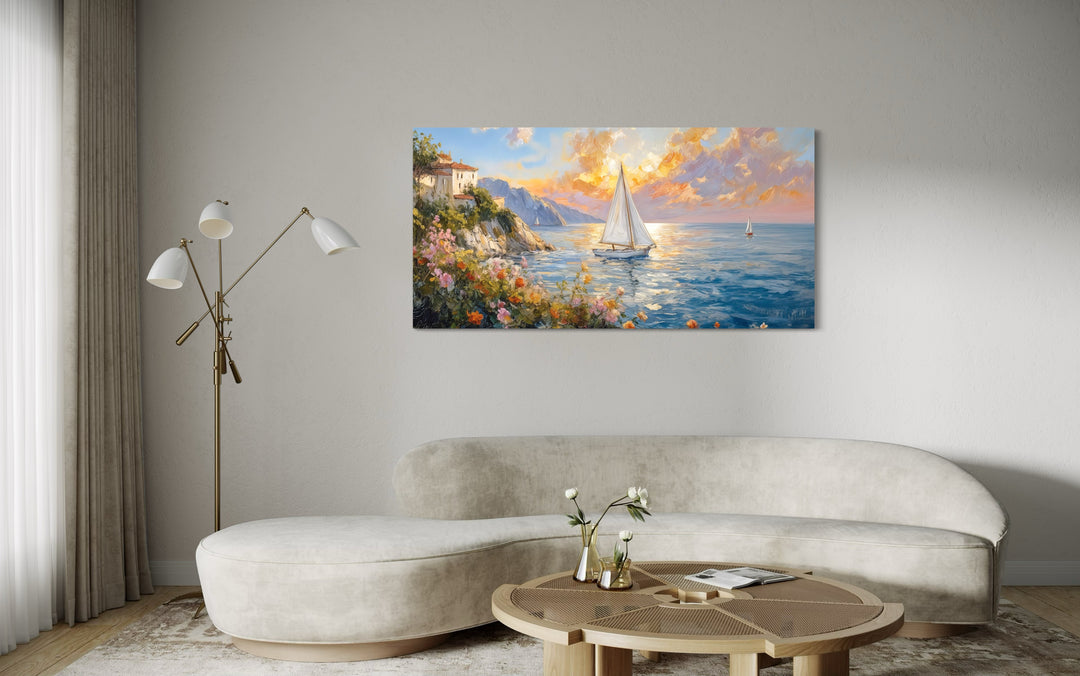 Seascape Sunset With Sailboats Painting Framed Canvas Wall Art